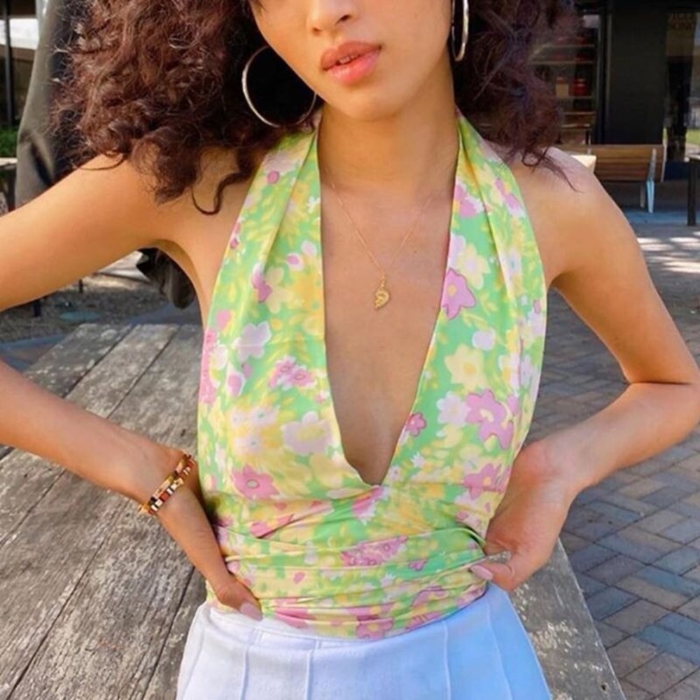 With Jean - Floral Halter Neck Top - Green and Pink - XS